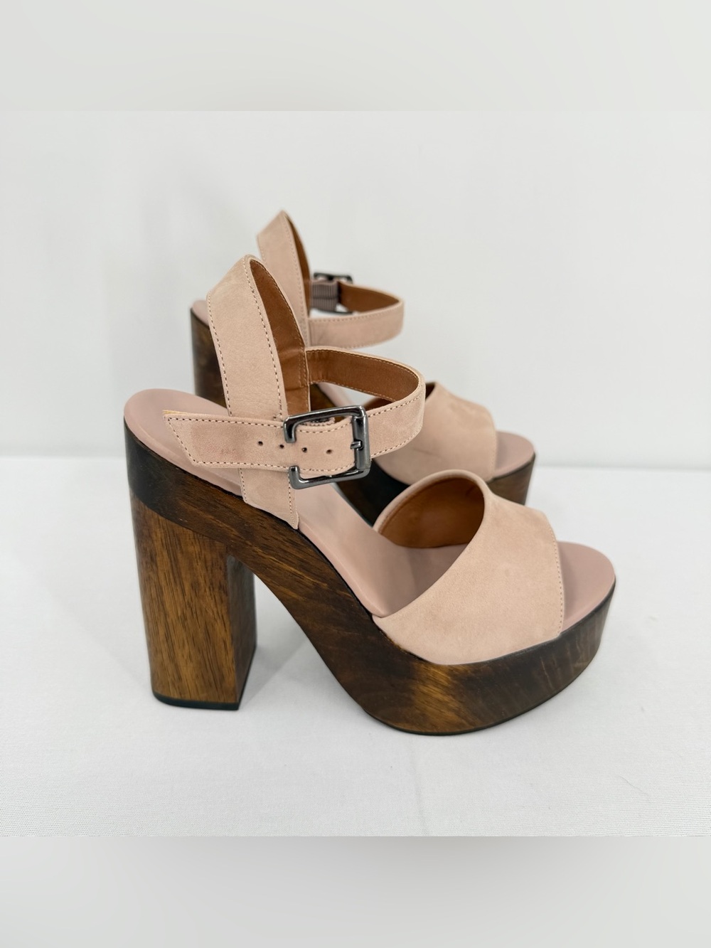 Leather Wood Platform Block Heel Sandals Nude 6.5 resort boho eurosummer coastal - Picture 5 of 16